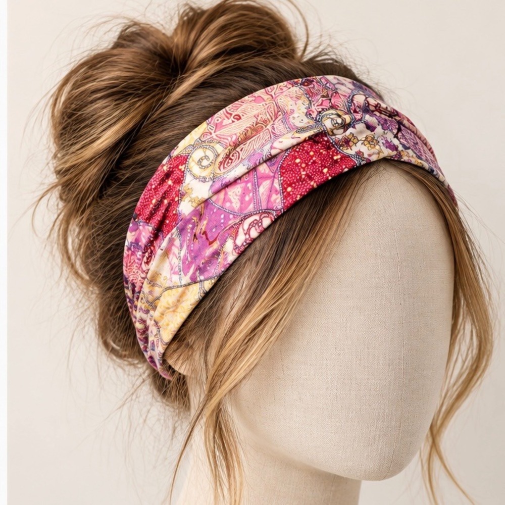 Boho Patchwork Print Elastic Headband Pink Purple Paisley Floral Hair Accessory